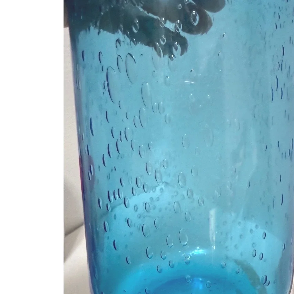 Turquoise Blue Controlled Bubble Art Glass Vase Hand Blown 8.5 inch Cylindrical